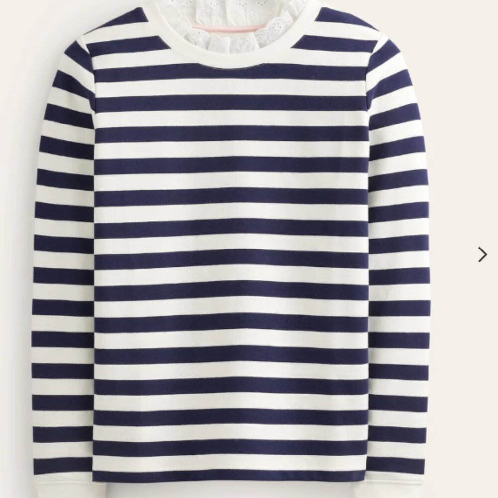 Boden Broderie Trim Sweatshirt in Oatmeal, Navy Stripe S